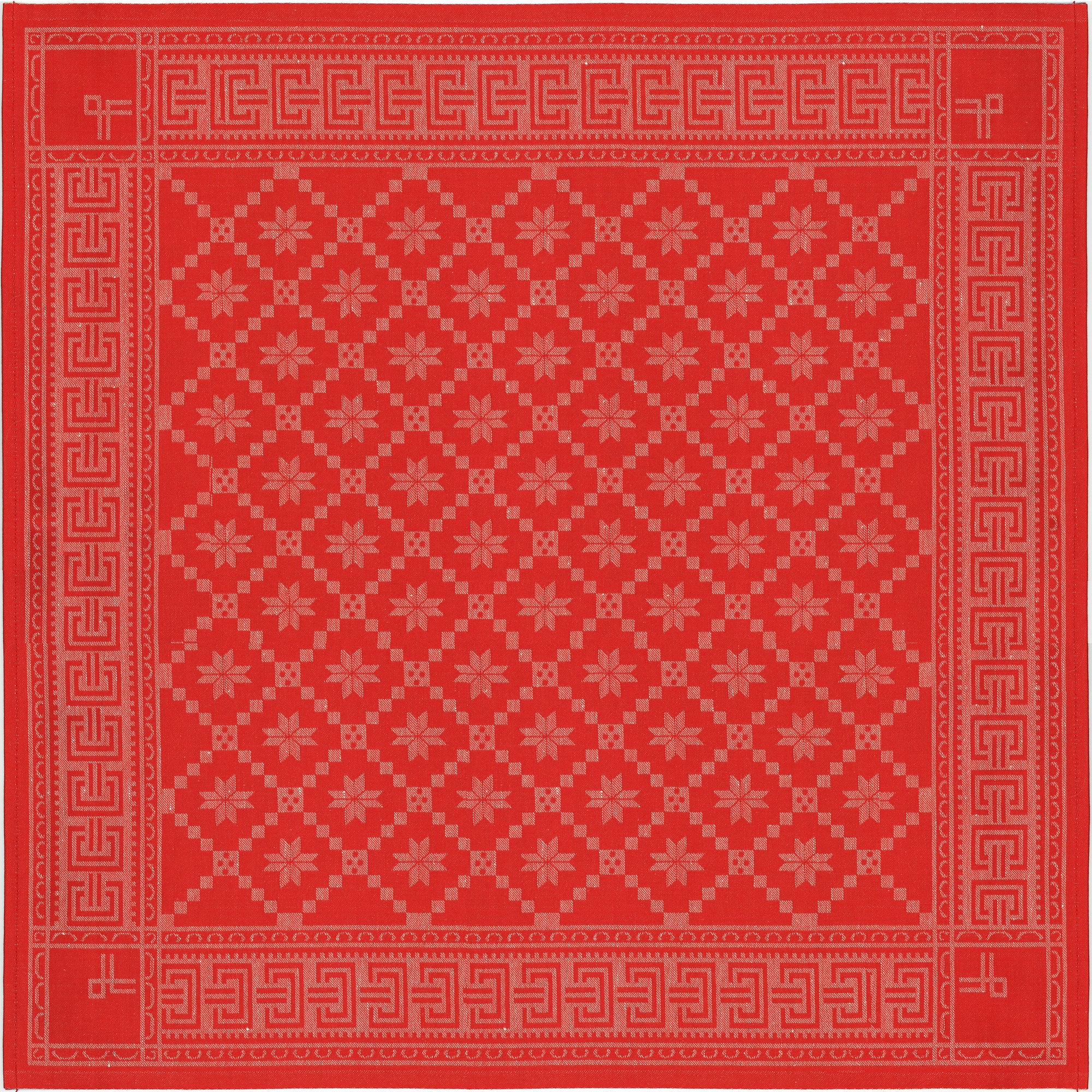Bordsduk Åttebladrose röd 80x80 cm. Ekologisk bomull & lin