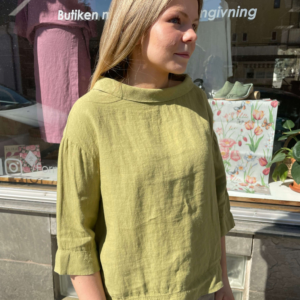Topp i 100 % linne med krage och trekvartsärm, grön - Bild 3